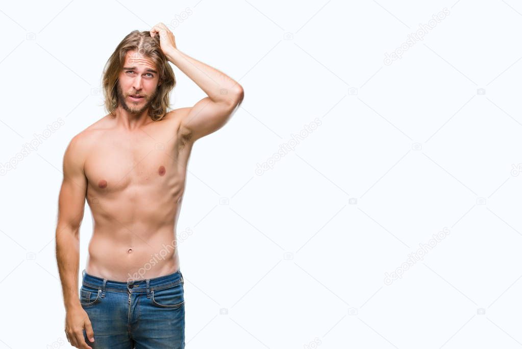 Young handsome shirtless man with long hair showing sexy body over isolated background confuse and wonder about question. Uncertain with doubt, thinking with hand on head. Pensive concept.