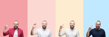 Kolaj üzerinde renkli çizgili sakallı genç adam bir arka plan gülümseyen ve süre seyir ve kamera boyutu işaret parmaklarıyla yapıyor el ile kendinden emin eller izole. Ölçü kavramı.