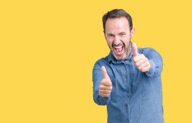 Yakışıklı orta yaş zarif komuta sizde el ile pozitif jest yapıyor onaylama izole arka plan üzerinde başparmak gülümseyen ve başarı için mutlu. Kamera, kazanan jest arıyorsunuz.