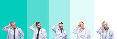 Kolaj grup stetoskop izole renkli arka plan üzerinde giyen Doktor insan yanıltır ve soru hakkında merak ediyorum. Şüphe, kafasına el ile düşünme ile belirsiz. Dalgın kavramı.