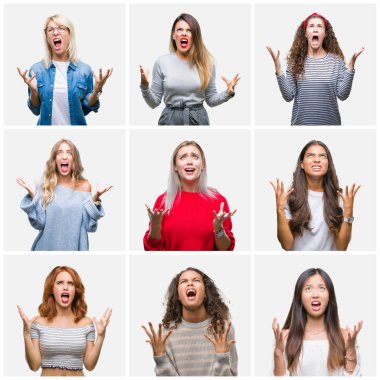 Kolaj izole arka plan çılgın ve kızgın bağırarak ve agresif ifade ve silah kaldırdı bağırmaya genç güzel kadın. Hayal kırıklığı kavramı.