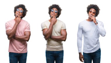 Kolaj Afrikalı-Amerikalı genç adamın çene düşünme hakkında soru, dalgın ifade üzerine el ile izole arka plan üzerinde güneş gözlüğü takıyor. Düşünceli yüzüyle gülümsüyor. Şüphe kavramı.