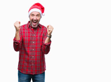 Orta yaş ağarmış komuta sizde izole arka plan kutlama üzerinde Noel şapka şaşırttı ve başarı için kaldırdı kollarını açarak hayret ve gözleri açık. Kazanan kavramı.