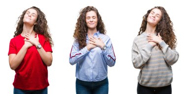 Esmer kıvırcık saçlı kız ile gülümseyen izole arka plan üzerinde kapalı gözler ve yüzünde minnettar jest ile göğüs üzerinde eller genç kolaj. Sağlık kavramı.