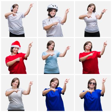 Collage of young woman with down syndrome over isolated background smiling and looking at the camera pointing with two hands and fingers to the side. clipart