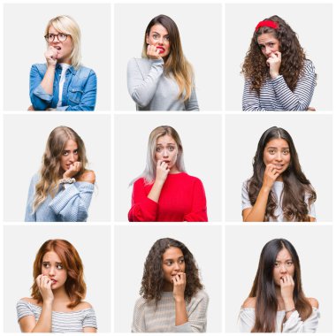 Kolaj stresli ve gergin ile izole arka plan üzerinde genç güzel kadınların tırnak ısırma dudaklarından eller. Anksiyete sorunu.