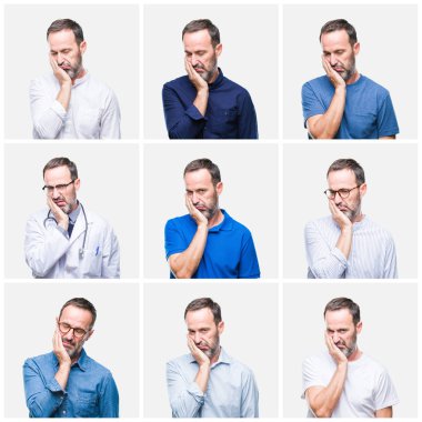 Beyaz izole arka plan düşünme seyir yorgun ve bıkkın ile depresyon sorun Çapraz kollar ile üst düzey ağarmış zarif adam kolaj.