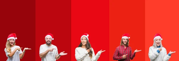 Collage Group Young People Wearing Chrismast Hat Isolated Background Amazed — Stock Photo, Image