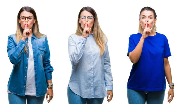 Kolaj dudaklarında parmak ile sessiz olmanı izole arka plan üzerinde gözlük takan genç güzel kadın. Sessizlik ve gizli kavramı.