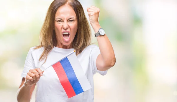 Middelbare Leeftijd Spaanse Vrouw Bedrijf Vlag Van Rusland Geïsoleerde Achtergrond — Stockfoto