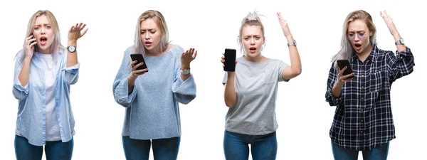 Collage Hermosa Rubia Joven Usando Teléfono Inteligente Sobre Fondo Aislado —  Fotos de Stock