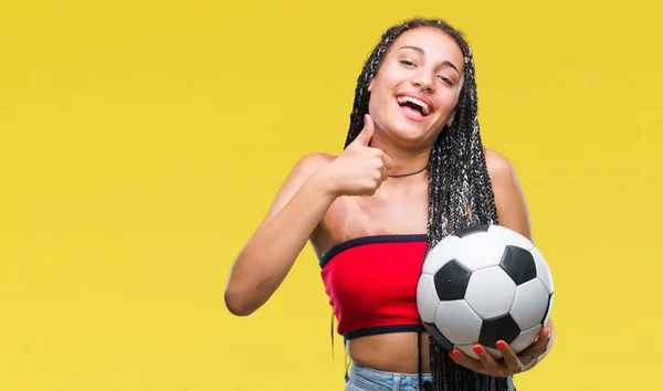 Joven Cabello Trenzado Afroamericano Con Marca Nacimiento Sosteniendo Pelota Fútbol —  Fotos de Stock