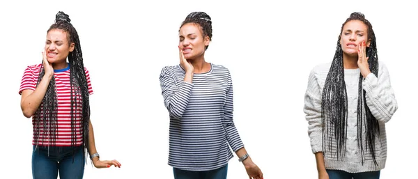 歯痛や歯の歯科病気のため痛みを伴う式で手で口に触れて分離の背景に美しい編んだ髪アフリカ系アメリカ人女性のコラージュ 歯医者コンセプト — ストック写真