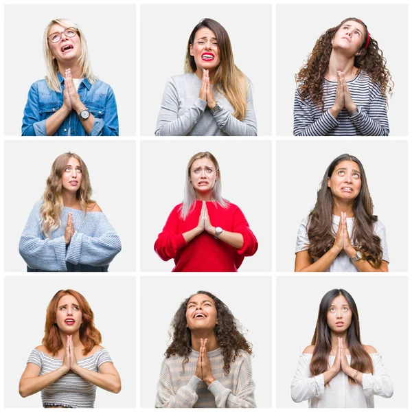 Collage Van Jonge Mooie Vrouwen Geïsoleerde Achtergrond Bedelen Bidden Met — Stockfoto