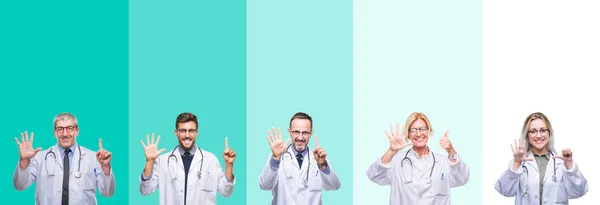 Collage Grupo Médicos Con Estetoscopio Sobre Colorido Fondo Aislado Mostrando — Foto de Stock