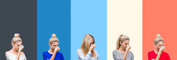 Collage Unga Vackra Blonda Kvinnan Över Levande Färgglada Vintage Stripes — Stockfoto