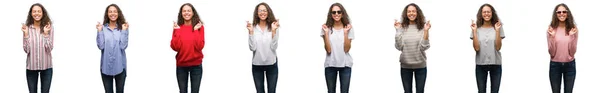 Композиція Молодої Бразильської Жінки Ізольована Білому Тлі Посміхаючись Перетинаючи Пальці — стокове фото