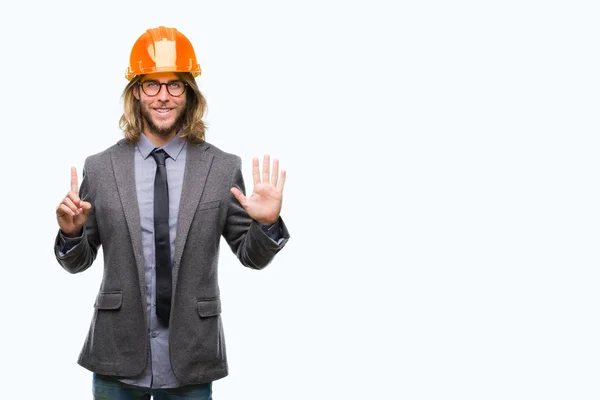 Joven Hombre Arquitecto Guapo Con Pelo Largo Con Casco Seguridad — Foto de Stock