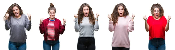 Collage Joven Morena Pelo Rizado Chica Sobre Fondo Aislado Celebrando — Foto de Stock