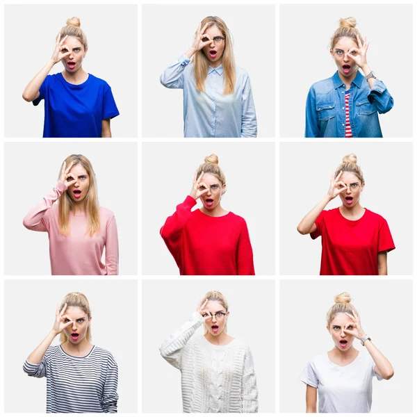 Collage of young beautiful blonde woman over white isolated background doing ok gesture shocked with surprised face, eye looking through fingers. Unbelieving expression.