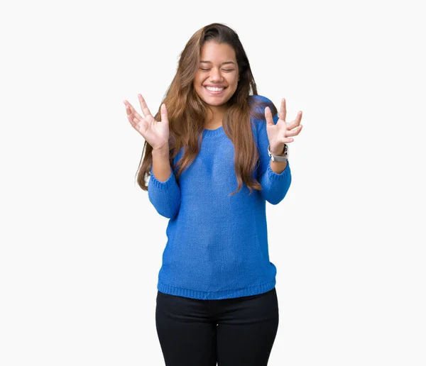 Young Beautiful Brunette Woman Wearing Blue Sweater Isolated Background Celebrating — Stock Photo, Image