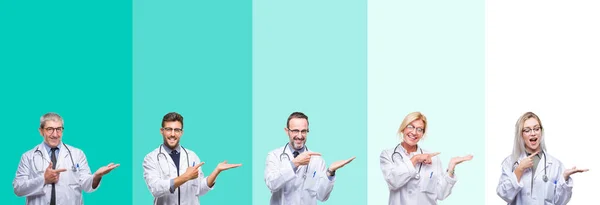 Collage Groupe Médecins Personnes Portant Stéthoscope Sur Fond Isolé Coloré — Photo