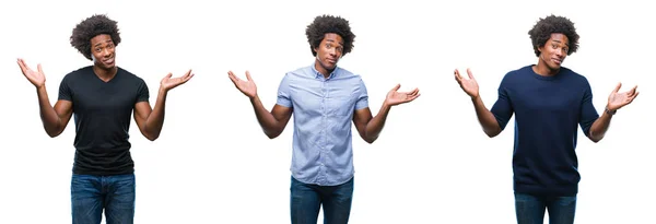 Collage Van Afro Amerikaanse Jonge Knappe Man Geïsoleerde Achtergrond Clueless — Stockfoto