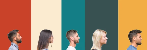 Collage Diferentes Etnias Jóvenes Sobre Rayas Coloridas Fondo Aislado Mirando —  Fotos de Stock
