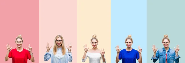 Colagem Bela Mulher Loira Sobre Listras Coloridas Isolado Fundo Mostrando — Fotografia de Stock