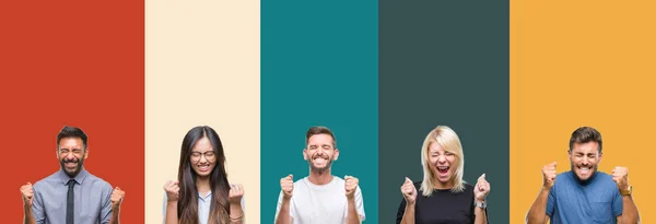 Collage Van Verschillende Etniciteit Jongeren Kleurrijke Strepen Geïsoleerd Achtergrond Enthousiast — Stockfoto