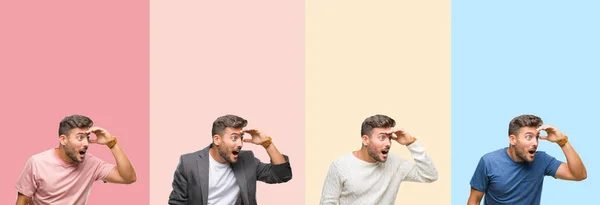 Collage Bel Giovane Strisce Colorate Sfondo Isolato Molto Felice Sorridente — Foto Stock