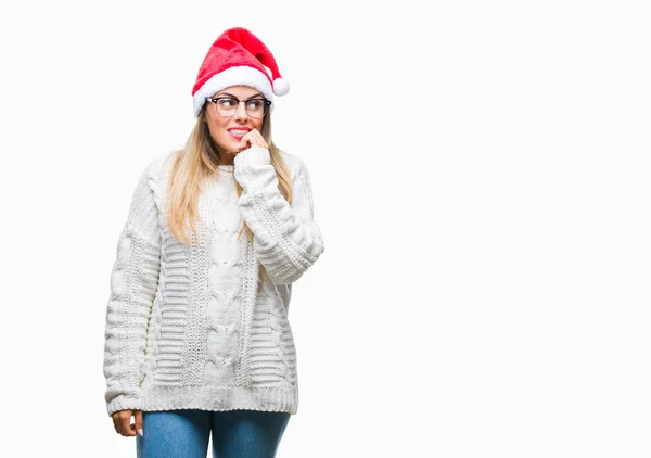 Mooie Jongedame Kerstmuts Dragen Geïsoleerde Achtergrond Zoek Gestresst Nerveus Met — Stockfoto