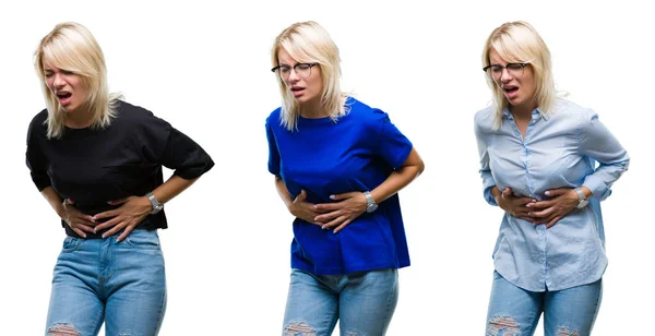 Collage Beautiful Blonde Woman Isolated Background Hand Stomach Because Indigestion — Stock Photo, Image