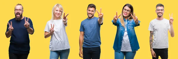 Collage Aus Gruppenmenschen Frauen Und Männern Vor Buntem Gelbem Hintergrund — Stockfoto