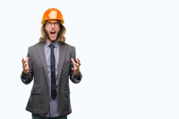 Joven Hombre Arquitectura Guapo Con Pelo Largo Con Casco Seguridad — Foto de Stock