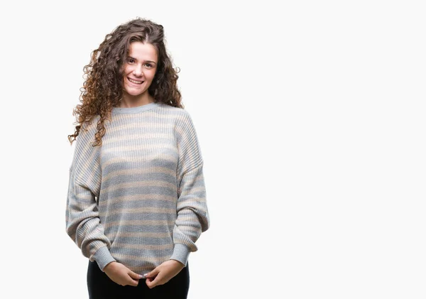 Beautiful Brunette Curly Hair Young Girl Wearing Winter Sweater Isolated — Stock Photo, Image