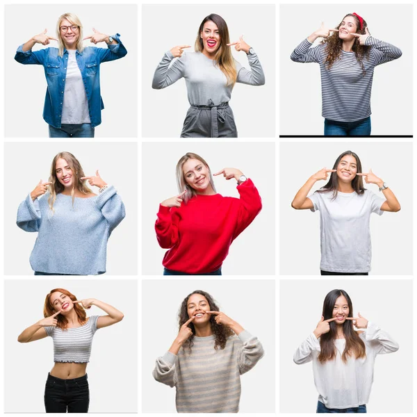 Collage Unga Vackra Kvinnor Över Isolerade Bakgrund Leende Självsäker Visar — Stockfoto