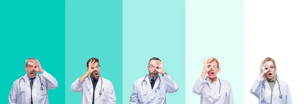 Collage Gruppo Medici Che Indossano Stetoscopio Sfondo Colorato Isolato Facendo — Foto Stock