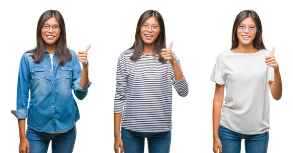 Collage Van Aziatische Jonge Vrouw Staande Dragen Bril Witte Geïsoleerde — Stockfoto