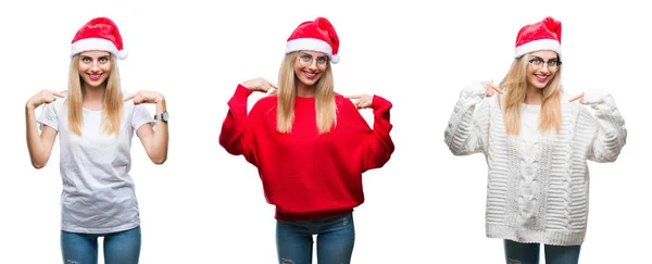 Colagem Jovem Bela Mulher Loira Vestindo Chapéu Natal Sobre Fundo — Fotografia de Stock