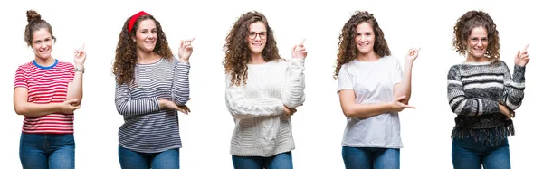 Collage Young Brunette Curly Hair Girl Isolated Background Big Smile — Stock Photo, Image