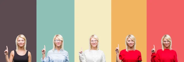 Collage Beautiful Blonde Woman Vintage Isolated Background Showing Pointing Finger — Stock Photo, Image