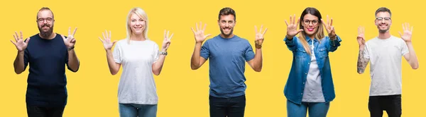 Collage Van Groep Mensen Vrouwen Mannen Kleurrijke Gele Geïsoleerde Achtergrond — Stockfoto