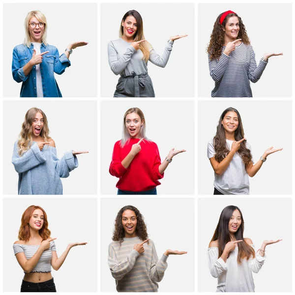 Collage Unga Vackra Kvinnor Över Isolerade Bakgrund Förvånade Och Ler — Stockfoto