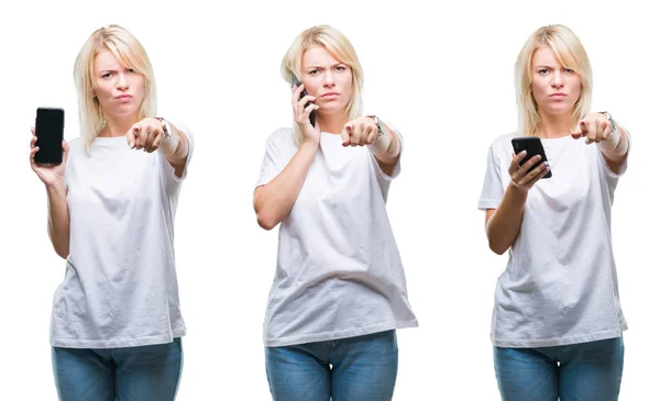 Collage Beautiful Blonde Woman Using Smartphone Isolated Background Pointing Finger — Stock Photo, Image