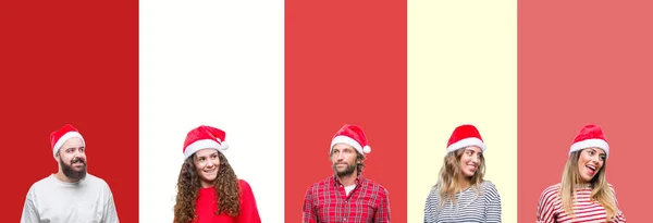 Collage Group Young People Wearing Chrismast Hat Isolated Background Looking — Stock Photo, Image