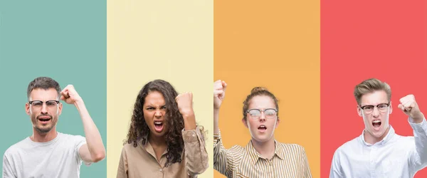 Collage Gruppo Persone Isolate Sfondo Colorato Arrabbiato Pazzo Alzando Pugno — Foto Stock