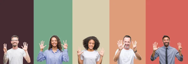 Collage Grupo Jóvenes Personas Mayores Sobre Coloridos Antecedentes Aislados Mostrando —  Fotos de Stock