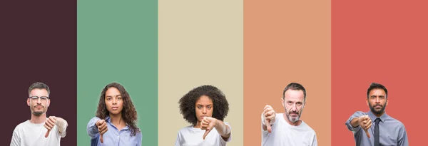 Colagem Grupo Jovens Idosos Sobre Fundo Isolado Colorido Olhando Infeliz — Fotografia de Stock