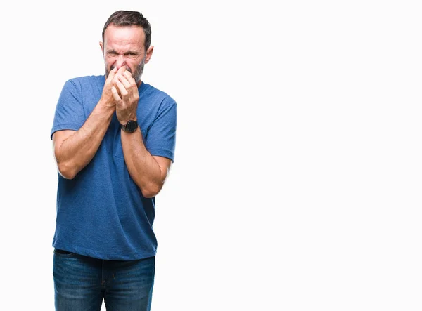 Middle Age Hoary Senior Man Isolated Background Smelling Something Stinky — Stock Photo, Image